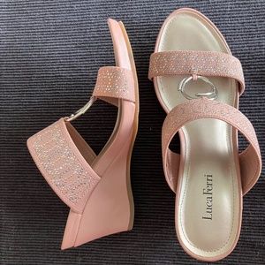 Beautiful pink Luca Ferri wedge sandals size 7.5, with silver and rhinestones